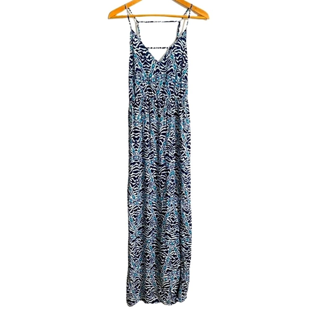 Animal Tribal Print Spaghetti Strap Maxi Dress Blue & White Size S